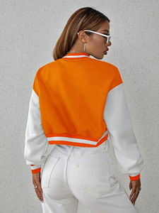 Orange <b>White</b> Contrast Baseball Jacket Full Sleeve Short Length <b>Button</b> Closure Women's Crop Top Jacket - Product Image 3