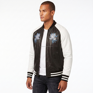 Chaqueta Varsity de Cuero Vacuno y Lana con Cremallera Frontal y Bordado de Dragón Personalizado para Invierno, Venta al por Mayor B2B, Ropa de Calle Premium, OEM - Product Image 4