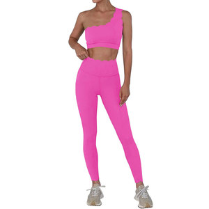 Conjunto de Yoga Rosa de Un Solo Hombro, Leggings de Cintura Alta, Ropa Deportiva de 2 Piezas sin Costuras para Mujer, Color Sólido, Largo Completo - Product Image 1