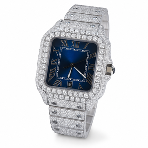 Reloj de Lujo con Esfera Azul Completamente Adornada con Moissanita, Reloj Unisex de Acero Inoxidable con Números Romanos y Visualización de Fecha - Product Image 4
