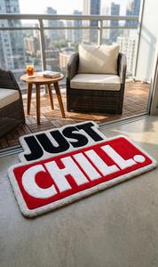 Alfombra de Lana Premium con Diseño Tipográfico 'Just Chill', Hecha a Mano, Antideslizante, en Rojo, Negro y Blanco, Diseño Decorativo - Product Image 3