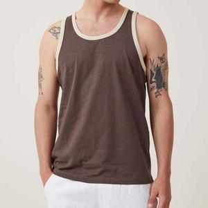 <b>Men's</b> Solid Color Knitted Tank Top O Neck Casual Sleeveless <b>Vest</b> 100% Cotton Brown with <b>White</b> Trim - Product Image 1