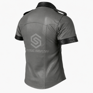 Two Tone Grey Sheep <b>Leather</b> Short Sleeve Shirt Epaulette Uniform Style Genuine <b>Lambskin</b> Top for Clubwear - Product Image 4