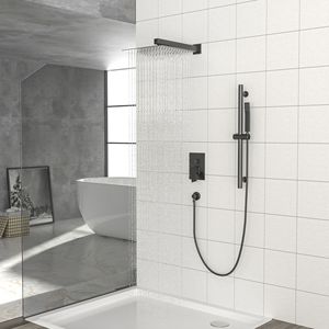 Sistema Doccia Quadrato da Parete Nero Opaco da 10 Pollici con Barra Scorrevole Regolabile e Valvola di Ingresso Acqua, Accessori per Cabina Doccia - Product Image 2