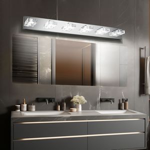 Moderna Lampada da Parete a 6 Luci LED Cromata, 96 cm, con Paralumi Quadrati in Acrilico, per Illuminazione Specchio Bagno - Product Image 1