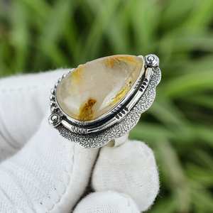 แหวนรูปทรงลูกแพร์ประดับรูไทล์สีทองทำมือ เครื่องประดับเงินแท้สไตล์โบฮีเมียน แหวนควอตซ์รูไทล์ธรรมชาติ ขนาด 675 สำหรับผู้หญิง - Product Image 3