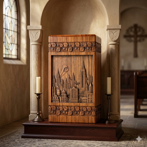 Handcrafted Wooden Urn Carved Cityscape Design Natural Wood Finish Commemoration <b>Keepsake</b> <b>Box</b> Adult Funeral Supply - Product Image 4