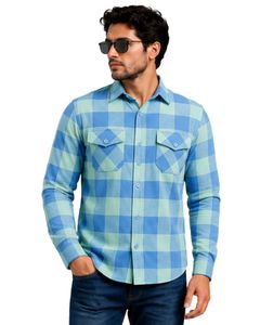 Camisa de Franela a Cuadros Azul Cielo y Verde Menta Personalizada para Hombre, Camisa Casual de Algodón a Cuadros con Botones y Manga Larga, con Bolsillos en el Pecho, Estilo Urbano - Product Image 1