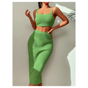 Conjunto de Dos Piezas Estilo Bohemio para Mujer, Top Corto de Punto Verde con Patrón Vintage y Falda Lápiz a Juego, Ropa Casual de Primavera/Verano - Product Image 2