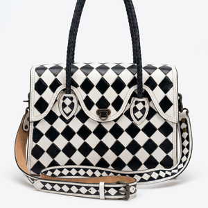 Bolso de Hombro de Cuero Genuino Blanco y Negro para Mujer, Estilo Bohemio, Cierre de Cremallera, Asa Única, Ligero, para Uso Diario en Todas las Estaciones - Product Image 1