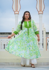 Cotton Viscose Tie And <b>Dye</b> Anarkali Kurta Women's Plus Size Round Neck Three Quarter Sleeves Flared Fit Casual Wear Green - Product Image 2