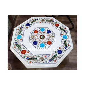 Très beau dessus de table en marbre blanc fait à la main de forme octogonale avec incrustation de fleurs pour le restaurant et la décoration intérieure - Product Image 4