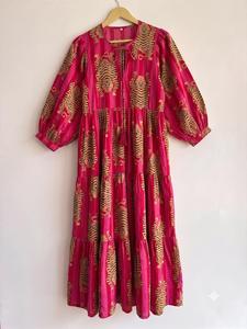 Pink Animal Print Maxi <b>Dress</b> With Puff Sleeves <b>Loose</b> Fit O-Neck Casual Summer <b>Dress</b> Breathable Woven Fabric - Product Image 3