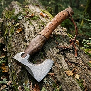 Hache artisanale haut de gamme en acier au carbone de Pasha Enterprises, manche en bois, étui en cuir, couteaux de survie en plein air, motif viking - Product Image 2