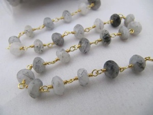 Black Rutilated Quartz Rondelle 6-8mm Briolette Faceted Beaded <b>Rosary</b> Chain Brass Charm for Jewelry Making Sold Per Foot - Product Image 3