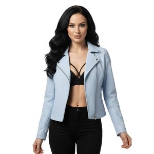 Veste de moto en cuir bleu clair en gros, prix d'usine personnalisé, cuir véritable, style motard, manteau pour femmes - Product Image 1