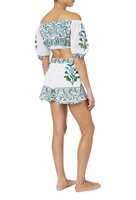 Accrocheur femmes haut et short robe traditionnelle bleu vert imprimé fleuri coton élastique
