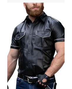 Wholesale Price Men's Faux Leather <b>T</b> <b>Shirt</b> with Chest <b>Pockets</b> Slim Fit Stand Collar Fashion Apparel OEM Service Plain Dyed - Product Image 5