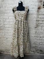 Robe longue bohème imprimée à la main 100 % coton pour femme, sans manches, à volants floraux, respirante, taille empire, ourlet à volants, automne-été