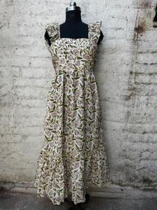 Vestido Maxi de Algodón Estampado a Mano Estilo Boho para Mujer, Sin Mangas, con Volantes Florales, Ropa de Boutique de Jaipur para Otoño/Verano, Venta al Por Mayor, Ropa de Playa - Product Image 3