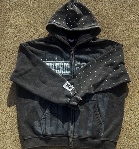Custom Vintage Washed Rhinestone <b>Zip</b> Up Hoodie Oversized Heavyweight Graphic Full <b>Zip</b> <b>Hooded</b> Sweatshirt for Men Women - Product Image 1