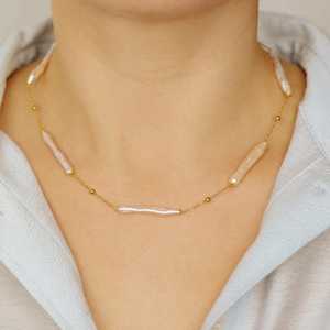 Collar de perlas Biwa de barra larga, elegante gargantilla de perlas, joyería impermeable, regalo para ella, plata de ley 925, oro de 14 quilates - Product Image 5