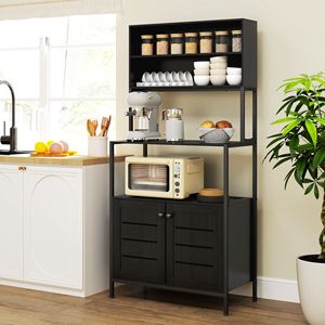 Mobiletto da Cucina Nero BakerFT per Microonde con Ante a Persiana, Prese Elettriche e Ripiani Portaoggetti - Product Image 2