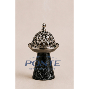 Arabic Bakhoor Burner with Metal Lattice Lid Natural Marble Base Oud Incense Censer for Ramadan <b>Decorations</b> And Premium Gifting - Product Image 1