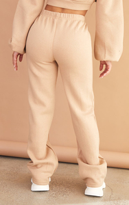 Wholesale Women Beige Hoodie and Wide Leg Pants <b>Set</b> Custom Fleece Tracksuit Private Label Manufacturer - Product Image 5