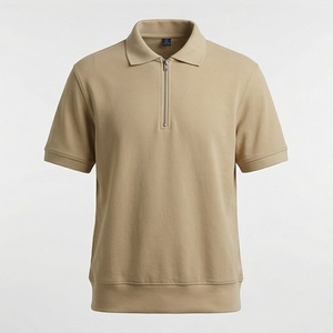 Polo en tricot à manches courtes beige pour homme avec fermeture éclair, design uni décontracté, coupe classique - Product Image 1