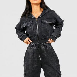 Ensemble de survêtement délavé à l'acide pour femme, haut court zippé à manches longues et pantalon large, couleur unie, coupe décontractée, idéal pour l'automne - Product Image 5