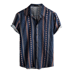 เสื้อเชิ้ตแขนสั้นสไตล์ฮาวายสำหรับผู้ชาย ลายทางสีน้ำเงิน ปกคอพับ ผ้าป๊อปลินทอระบายอากาศได้ดี เหมาะสำหรับฤดูร้อน - Product Image 1