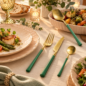 Juego de Cubiertos de Oro Verde Esmeralda de 4 Piezas, Utensilios de Comedor |   Cuchillo dentado, cuchara de mesa, tenedor, cuchara para servir, vajilla decorativa - Product Image 2
