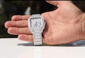 Reloj de pulsera de lujo para hombre, estilo Hip Hop, con esfera árabe, plateado, cuadrado, totalmente engastado de diamantes, automático, mecánico, estilo Bust Down, con efecto brillante. - Product Image 3