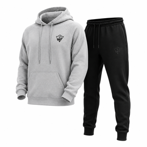Ensemble survêtement homme gris avec logo personnalisé, sweat à capuche et pantalon de jogging noir, patch en caoutchouc gaufré, vente en gros, fabricant OEM de vêtements de sport en molleton - Product Image 2