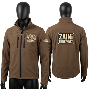 Veste softshell pour homme 320 GSM en polyester et élasthanne avec doublure polaire, design à panneaux marron, patch brodé, logo personnalisé OEM ODM - Product Image 1