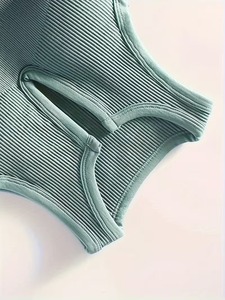 Notched Scoop <b>Neck</b> Seamless Exercise Crop Top Ribbed Underband Lift Training Bra <b>Padded</b> Wirefree Athleisure Running Vest - Product Image 3