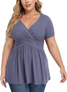 Camiseta tipo túnica de algodón con cuello en V para mujer, talla grande, de verano, manga corta, transpirable, lisa, informal, de corte regular, sexy. - Product Image 2