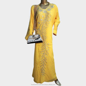 Yellow Luxury Embroidered Kaftan <b>Dress</b> with <b>Silver</b> Ornate Neckline for Women Wedding Party Wear - Product Image 2