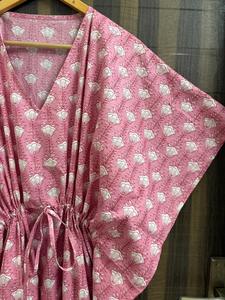 Women Pink Floral Print 100% Cotton <b>Kaftan</b> Dress Handmade Beach Cover Regular Fit <b>Summer</b> Lounge Wear Boho Breathable Natural - Product Image 4