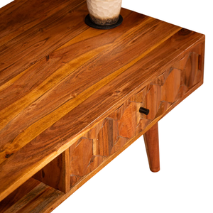 Table basse rectangulaire en bois d'acacia massif avec tiroir de rangement à motif hexagonal, finition brun foncé, pour salon et maison - Product Image 5