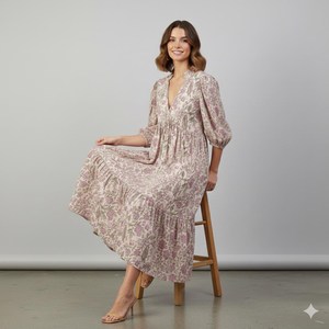 Robe midi ample à imprimé floral lavande pour femme, col en V, manches bouffantes, décontractée, été, en coton tissé respirant - Product Image 3