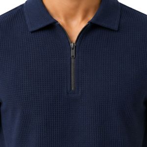 Polo zippé en maille gaufrée bleu marine personnalisé pour homme – Respirant, manches courtes, pour le golf, le tennis, décontracté, performance, vêtement de sport - Product Image 6