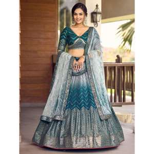 Chinon Sangeet Wear Robe de soirée Impressionnant bleu sarcelle Paillettes Lehenga Choli avec Dupatta - Product Image 2
