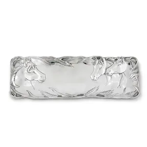 Plateau décoratif rond moderne en aluminium argenté avec têtes de cheval gravées et motif de blé, motif de corde verticale - Product Image 1