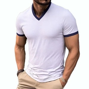 T-shirt Homme Col V Coupe Slim Rouge Uni Manches Courtes Bordure Contrastante Coton Tricoté Tenue Décontractée Meilleure Qualité Livraison Rapide OEM ODM - Product Image 5
