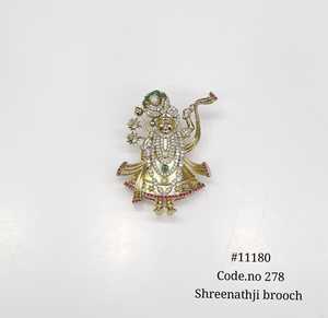 11180 Shreenathji Brooch <b>Gold</b> Plated Figurative Pin With KStones Round Kundan Brilliant Cut Claw Setting Wedding Brooch - Product Image 3