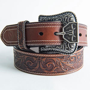 Authentic Leather 3D Embossed Design Stylish Western Leather Hand Tooling Belt for <b>Men</b> and Women with Designer Classic Buckle - Product Image 2