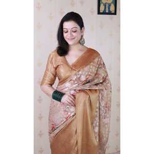 Sari Tradicional Chino de Georgette Suave Marrón con Estampado Floral y Tejido Zari de Elite Weaves, 450g - Product Image 4