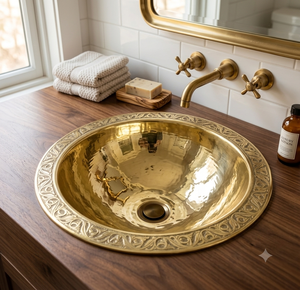 Lavabo Redondo de Latón para Baño con Borde Floral Intrincado y Acabado Dorado Pulido para Hoteles de Lujo, Spas y Resorts, Venta al Por Mayor para Exportación - Product Image 3